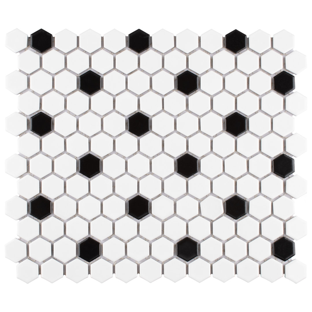 Madison 1" Hex Matte Cool White with Black Dot 10-1/4" x 11-7/8" Porcelain Mosaic Tile (Set of 10) Merola Tile