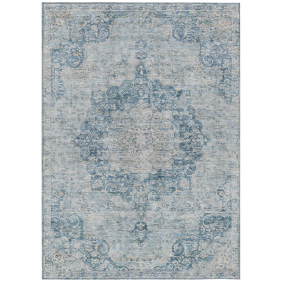8' X 10' Blue Floral Medallion Washable Indoor Outdoor Area Rug