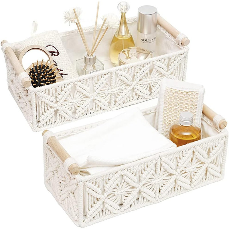 Handmade Cotton Rope Boho Storage Baskets with Wooden Handles