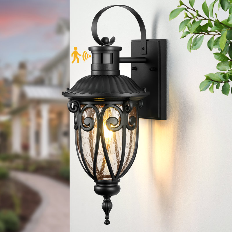  Matte Black Motion Sensor Outdoor Wall Sconce With Seed Glass