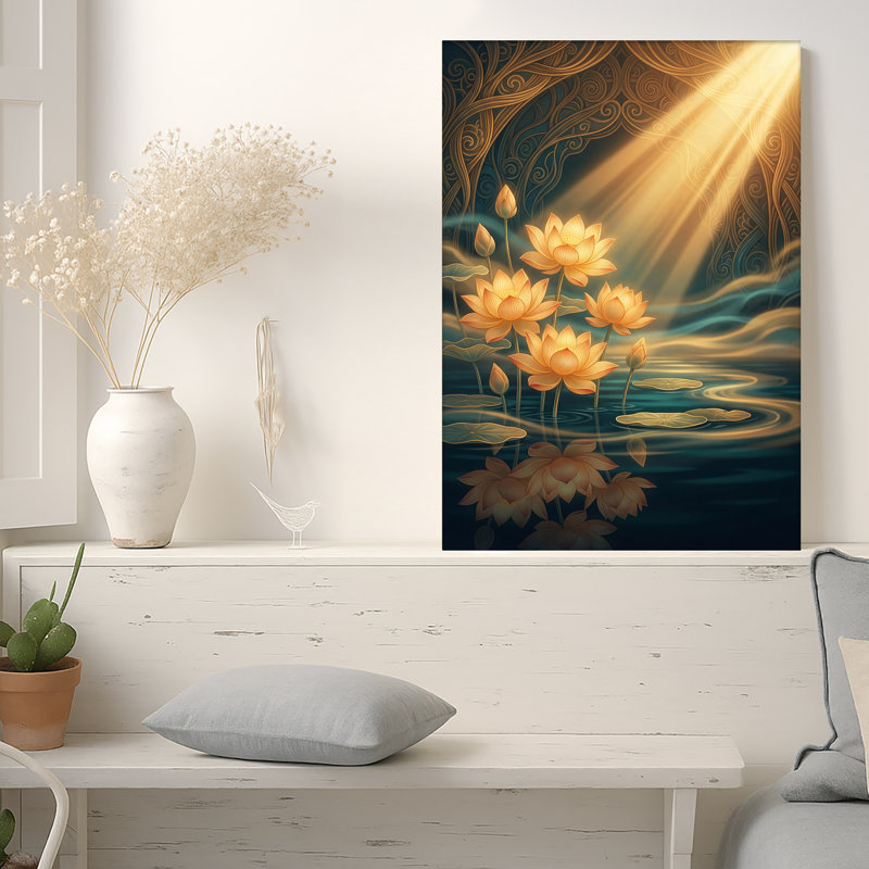 «Golden Lotus Flowers In Water With Rays And Swirls», art mural sur toile, 18"H x 12"W