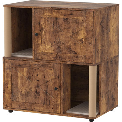 Double Cat Litter Box Enclosure Furniture with Scratching Post, 2-in-1 Hidden Litter Box Cabinet with Litter Mat, Large Litter Box Enclosure for 2 Cats