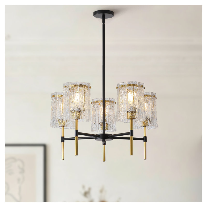 Lustre moderne noir et or à 5 lumières avec pendentifs en verre texturé, plafonnier industriel pour salon
