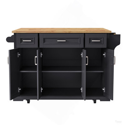 54Inch Large Kitchen Island With Rubber Wood Drop Leaf, Embossed Texture Rolling Kitchen Cart On 4 Wheels With 4 Doors And 3 Drawers, Kitchen Island With Storage For Kitchen, Dining Room,Black