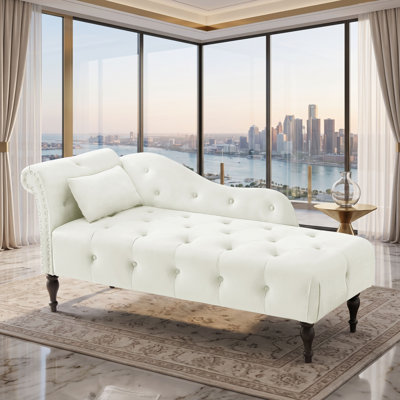 Elegant Tufted Velvet Chaise Lounge with Nailhead Trim and Toss Pillow