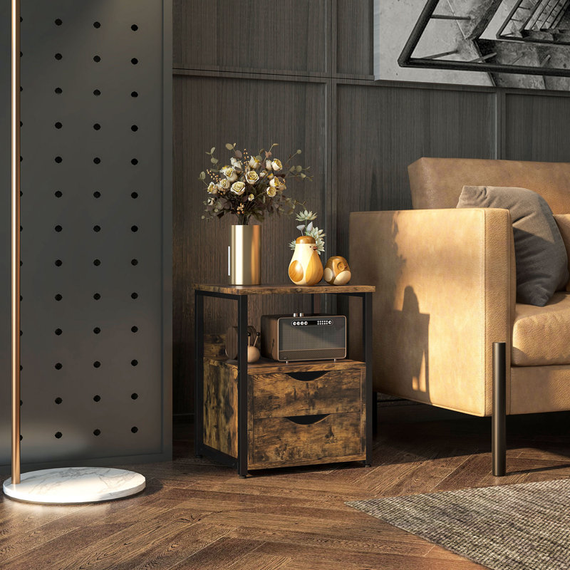 Industrial Side Table With 2 Drawers, Storage Shelf, Accent Sofa Table With Groove Handle And Frame