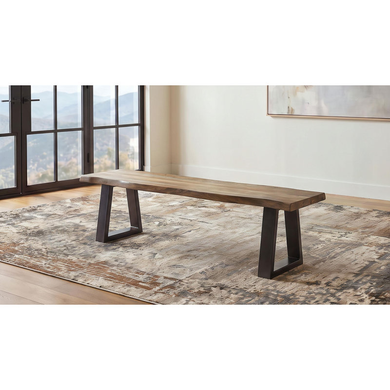 Selwyn Live-Edge Solid Sheesham Dining Bench with Iron Sled Legs, Light Sheesham and Black
