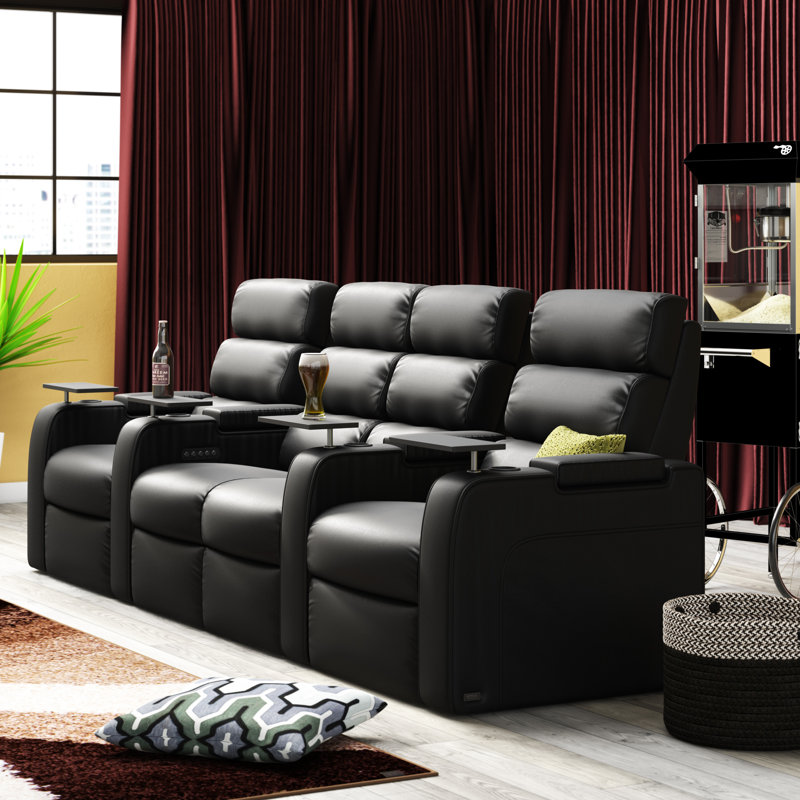 Upholstered Power Reclining Home Theater Seat with Cup Holder, Black Genuine Leather