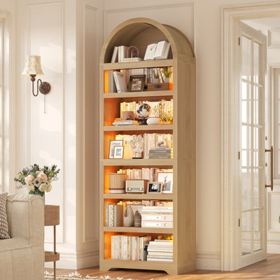 Bibliothèque moderne à 7 niveaux avec armoire à DEL 79,4 "avec éclairage à DEL et tablette réglable pour le salon, la cuisine, le bureau personnel, le chêne