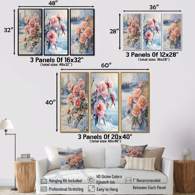 Pivoines près du lac gelé I - Collection d'art mural traditionnel 3 pièces, H 28 po x l 36 po, Toile tendue