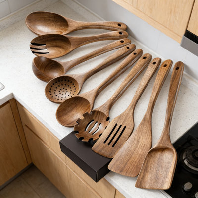 Acacia Wooden Cooking Utensil Set - 9 Piece Nonstick Kitchen Spoons And Spatulas For Everyday Cooking Tasks