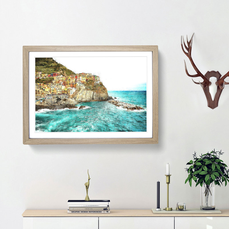 Manorolo Cinque Terre in Italy - Picture Frame Graphic Art Print, 33cm H x 45cm W x 2cm D, Oak Framed