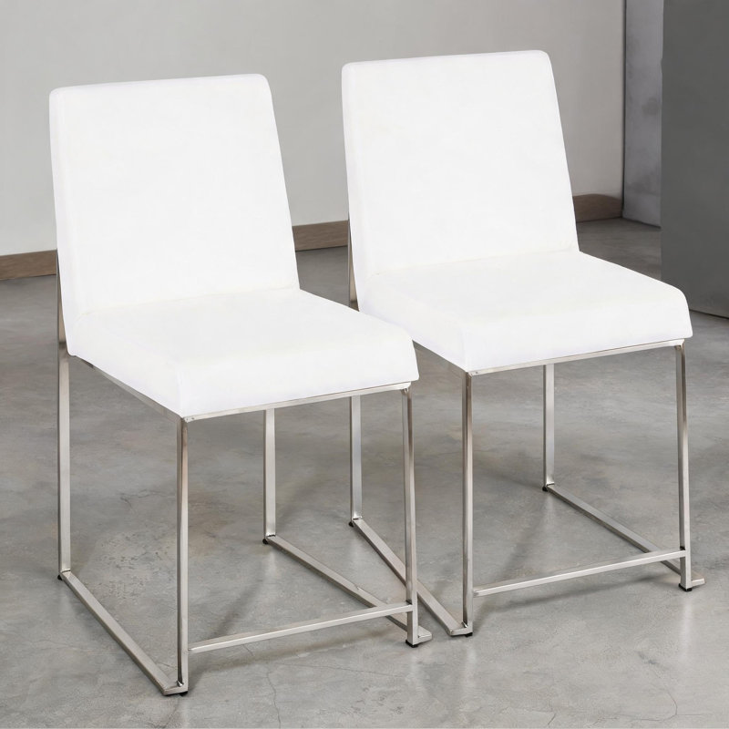 Ensemble de 2 chaises d'appoint à dossier haut, style contemporain, revêtement en velours blanc éclatant avec structure en acier inoxydable, hauteur de salle à manger fixe