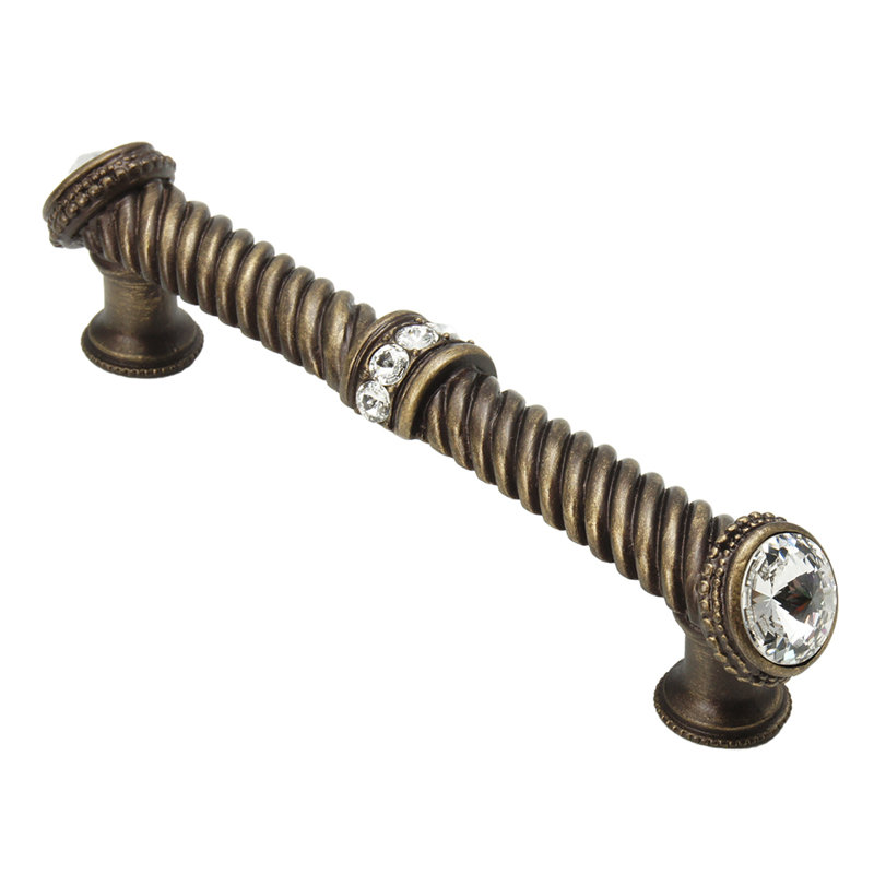 Caché 5 inches c.c. large pull with end & center 7 rivoli Swarovski Clear Crystals in Chalice, Antique Brass, 5"