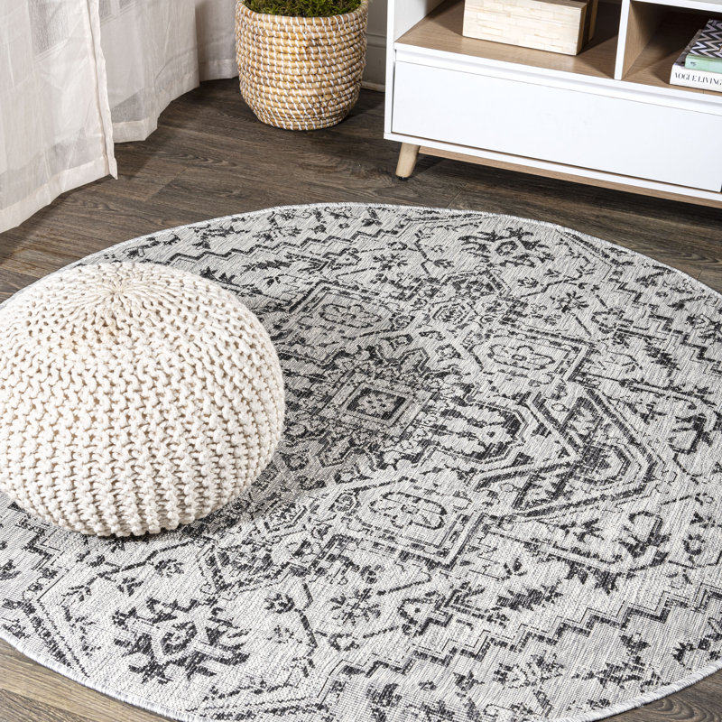 Truman Bohemian Medallion Textured Weave Black/Gray Indoor/Outdoor Rug, Round 3'11"