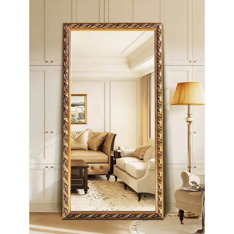 European-Style Vintage Solid Wood Carved Rectangular Full-Length Mirror, Gold, 66.93" x 25.59"