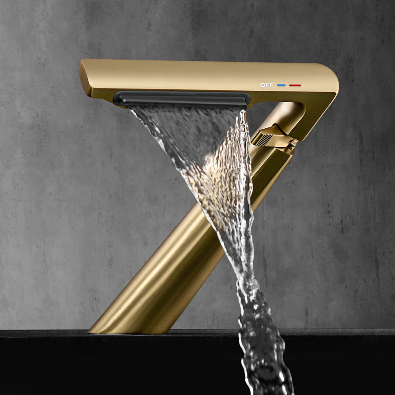 6.2"H Solid Brass Single Hole Bathroom Sink Faucet Waterfall Bathroom Faucet with Adjustable Aerator, Brushed Gold