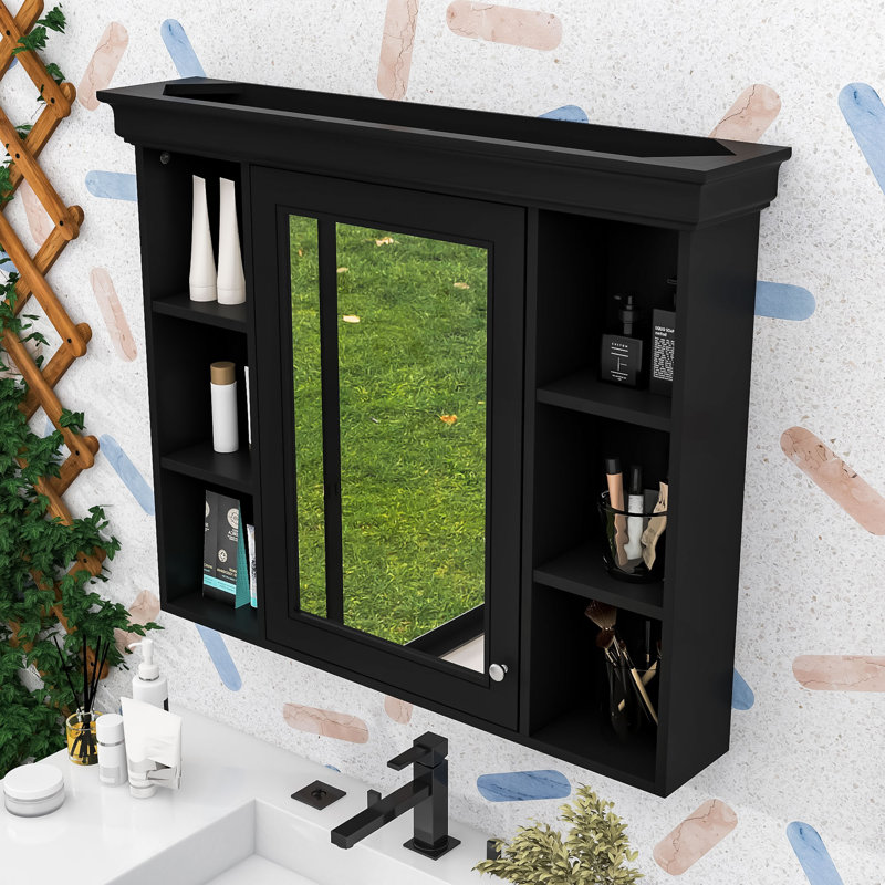 Elegant Bathroom Storage Cabinet with Mirror Door and 5 Open Shelves, Black