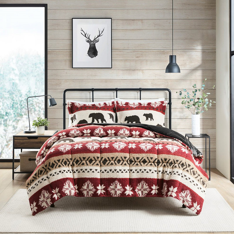 Literie à très grand / très grand lit - Rayures rustiques réversibles à garniture de faux vison 2 taies décoratives assorties