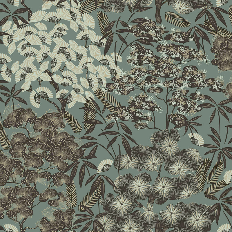 Papier peint oriental feuilles tropicales, Vert