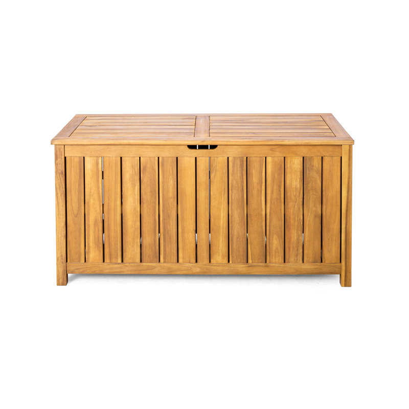 Coffre de terrasse spacieux en bois d'acacia avec ventilation à lattes, couvercle à charnières et construction résistante aux intempéries pour le rangement extérieur.