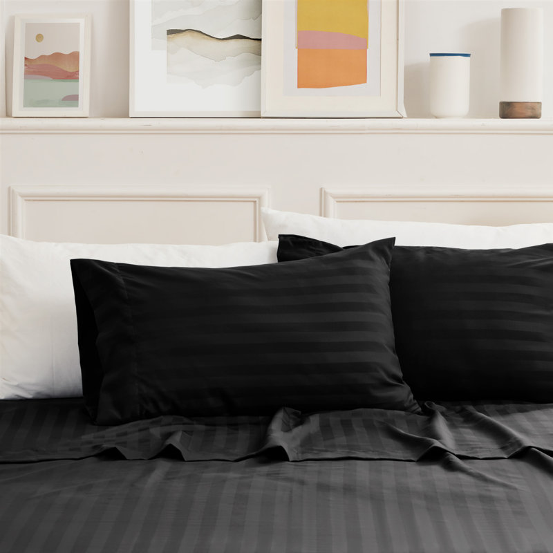 Sateen Striped Sheet Set, King Sheet Set + Fitted Sheet + 2 Pillowcases, Black