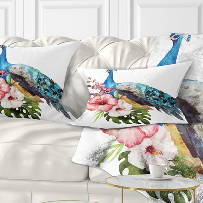 Hibiscus Flowers and Blue Peacock - Floral Printed Pillow