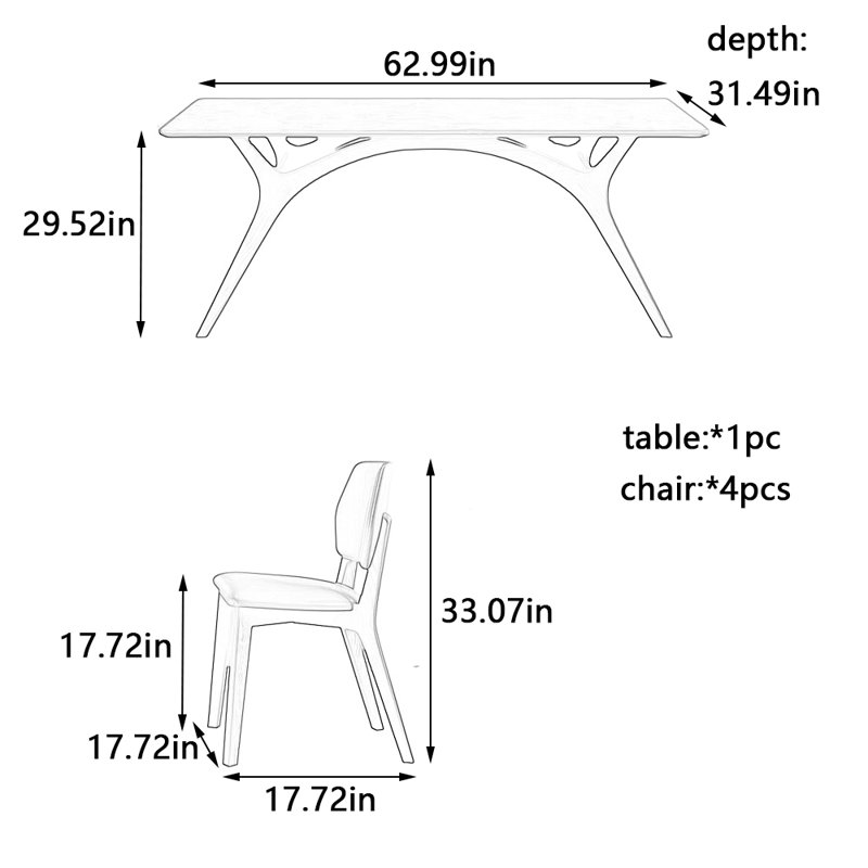 Magnifique ensemble de table de salle à manger avec chaises, H 29,52 po x L 62,99 po x l 31,49 po
