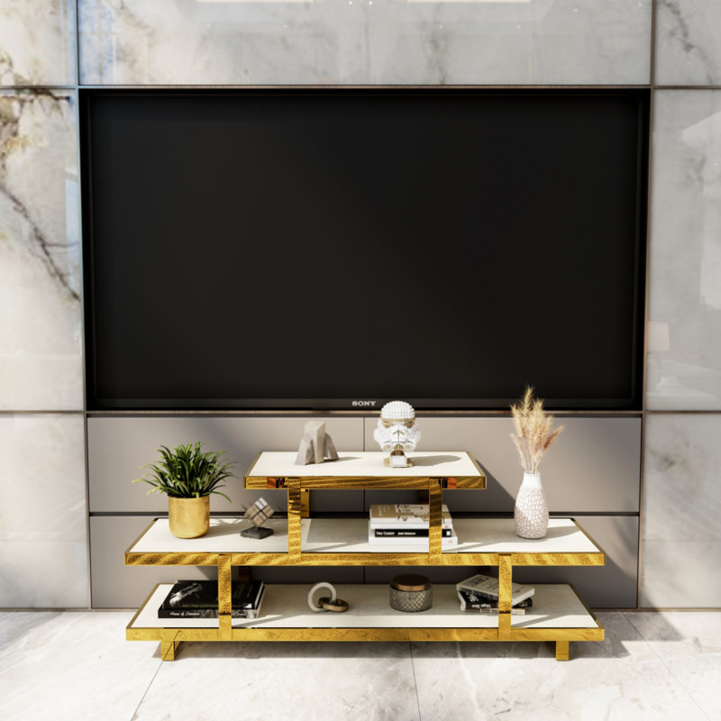 Console 60 po en verre avec base miroir, 3 niveaux, Or/blanc