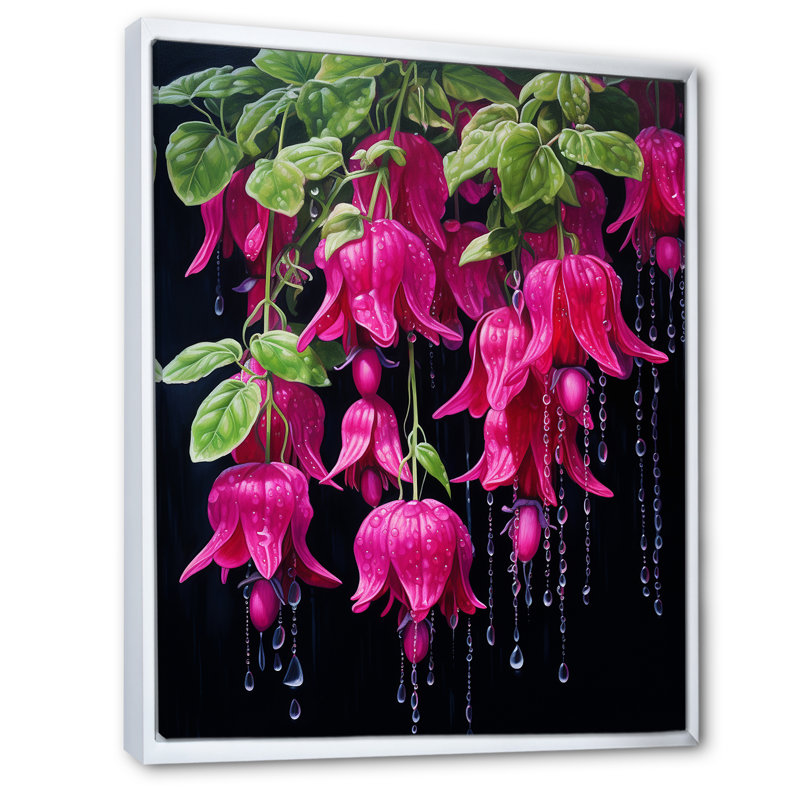 Fleurs fuchsia en noir et rose sur toile, Cadre flottant blanc, H 32 po x l 24 po x P 1 po