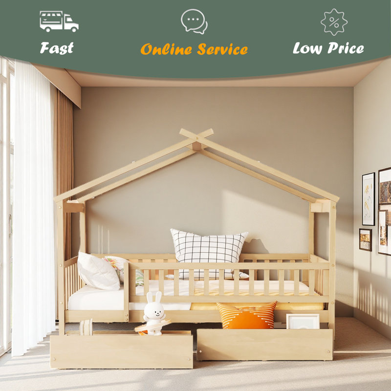 Lit simple en bois avec deux tiroirs, Naturel