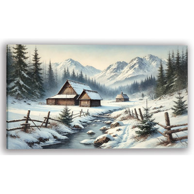 Frozen Frontier: Snow-Covered Cabins by Mountain Stream Wide Canvas Print