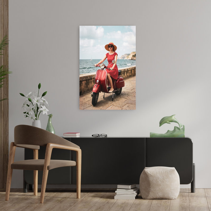 The Girl On The Red Scooter by Andreas Magnusson - Wrapped Canvas Print, 91.44 cm H x 60.96 cm W, Red/Blue