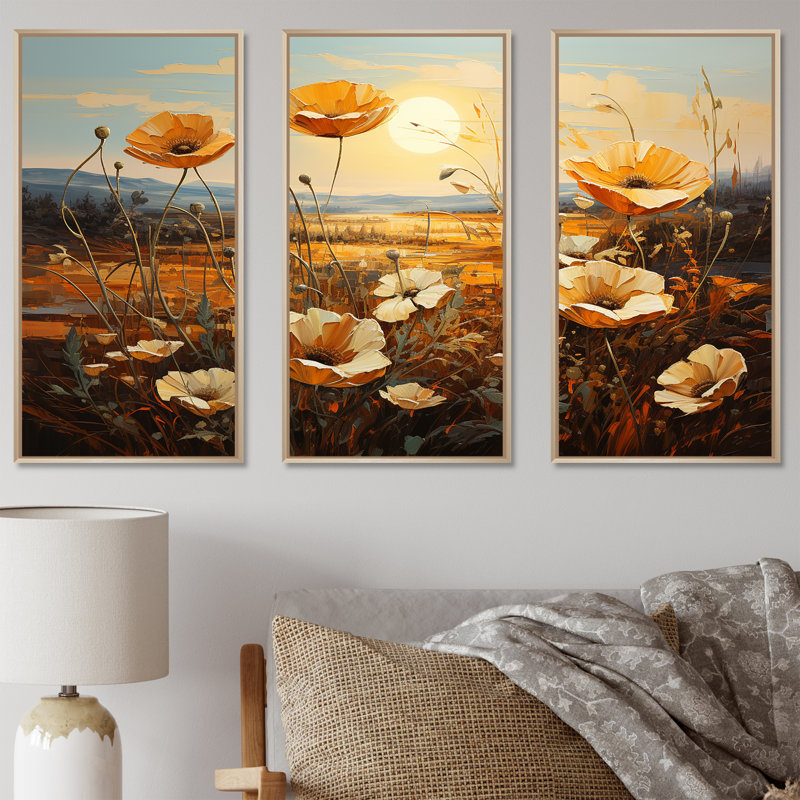 «Beautiful Warm Warm Field III», ensemble d'art mural sur toile fleur, H 28 po x l 36 po x P 1 po, Cadre naturel flottant
