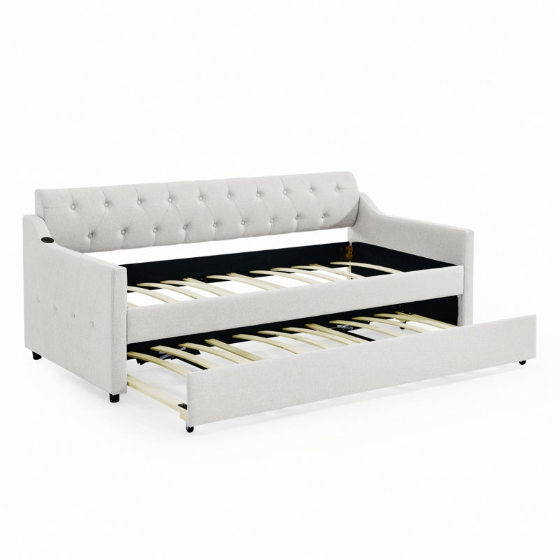 Daybed With Trundle And USB Charging Design, Beige