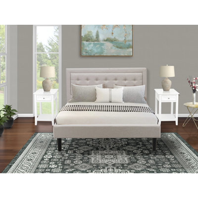 Ensemble de chambre avec grand lit 3 pièces avec 1 lit tapissier et 2 petites tables de chevet - Tissu de lin beige brume