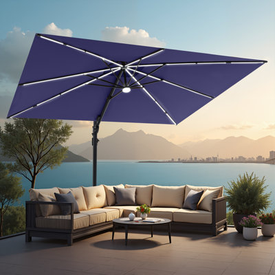 Solar Led Light Cantilever Patio Umbrella With Easy-move Base | One-person Mobility