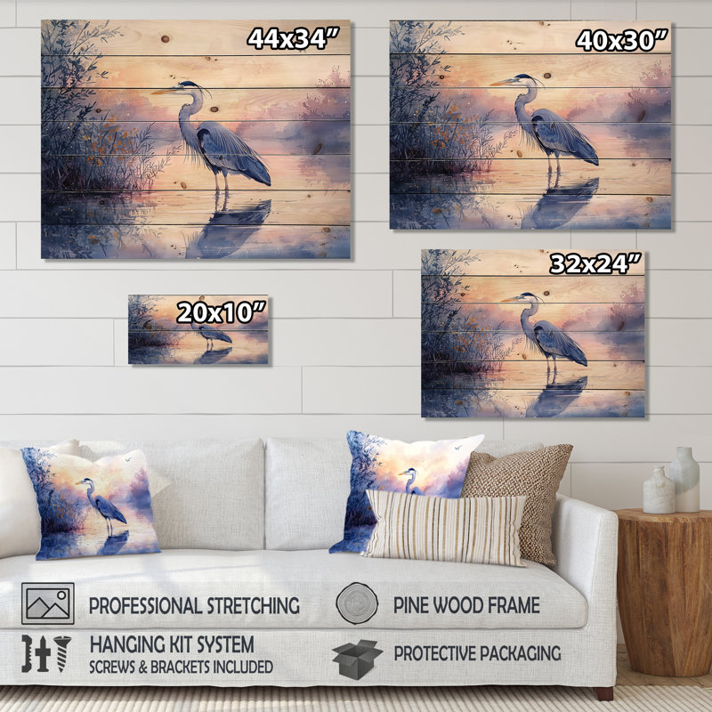 Héron rose et bleu au crépuscule I - décoration murale en bois animal héron - sur bois de pin naturel, H 24 po x l 32 po