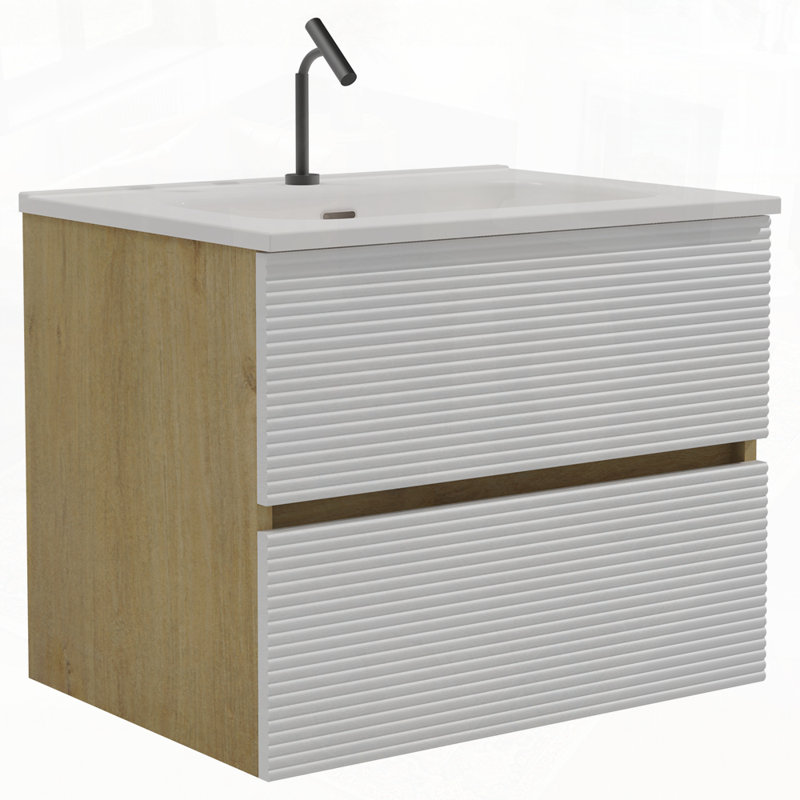 Meuble-lavabo mural avec lavabo en céramique intégré et trop-plein, Blanc / Chêne clair