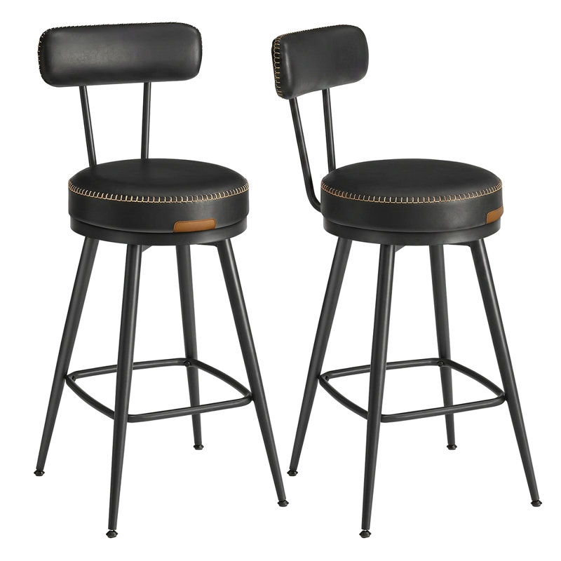 Tabourets Angelleah avec dossier, cuir synthétique, Noir, Tabouret de comptoir (siège d'une hauteur de 25,6