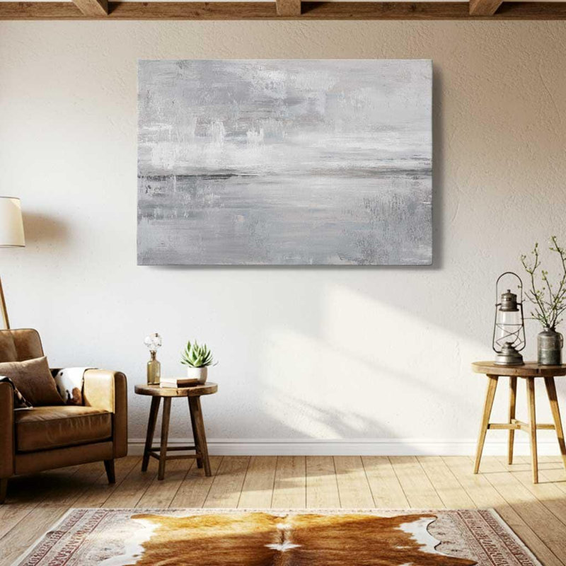 Toile abstraite grise, art mural blanc argenté - impression de texture neutre minimaliste, peinture industrielle moderne pour le décor du salon