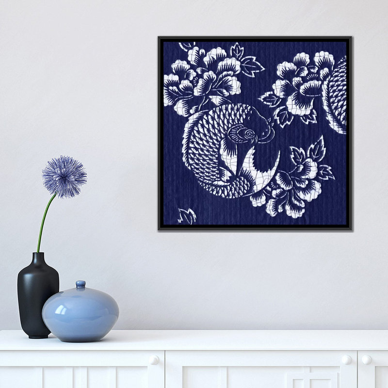 « indigo carp katagami i », reproduction d’impression sur toile tendue, H 18 po x l 18 po x P 1,5 po, Toile avec cadre noir
