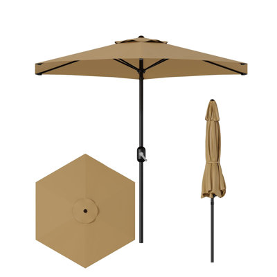 Protection contre les rayons UV et parasol d'extérieur imperméable 7,5 pi - 6 baleines robustes, auvent ventilé UPF 50+ - Manivelle et inclinaison - Parasol de table de marché pour jardin, terrasse, piscine, cour arrière - Brun clair