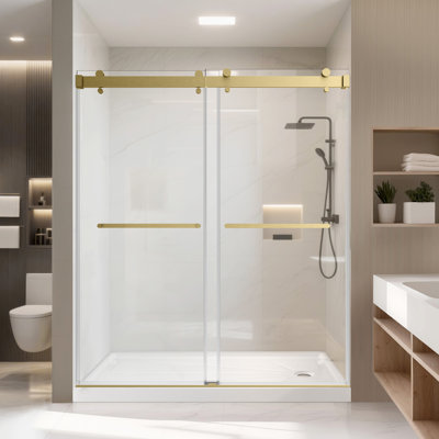 Porte de douche coulissante l 60 po x H 72 po, verre trempé 3/8 po (10 mm), rail en acier inoxydable, glissement en douceur, portée réglable de 4 po, installation à gauche / droite
