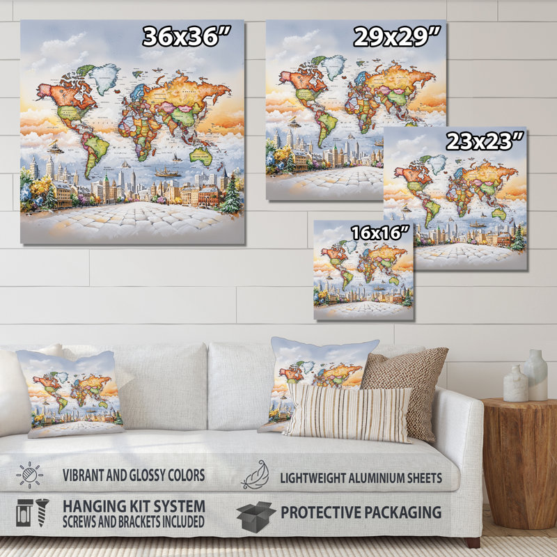 Carte du monde avec des bâtiments - art mural moderne en métal, impression sur carte du monde, H 29 po x l 29 po