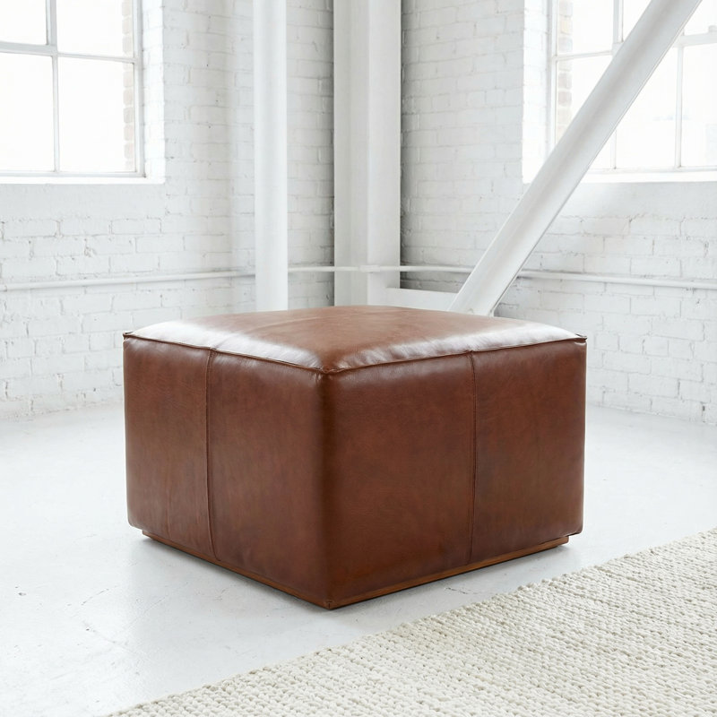 Nikola Genuine 100% Leather Square Ottoman, Brown