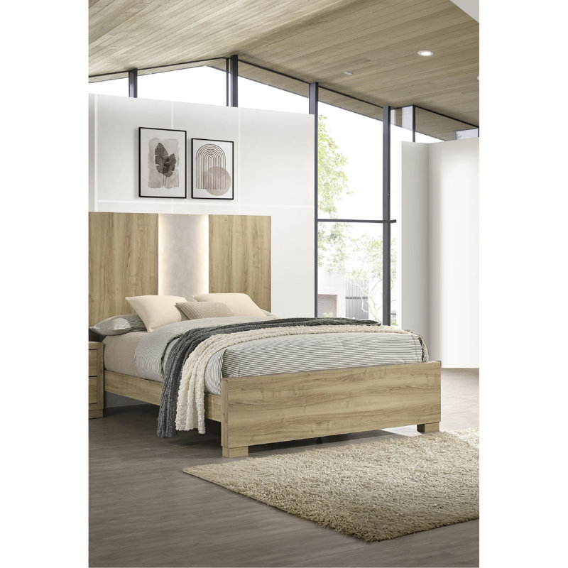 Très grand lit contemporain avec finition en bois flotté naturel et éclairage intégré pour la finition de la chambre à coucher, conception subtile encastrée