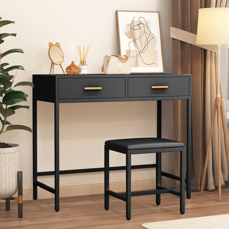 Bureau d'ordinateur noir avec 2 tiroirs, meuble-lavabo moderne avec tabouret, Noir