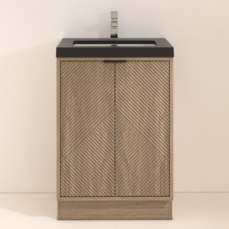 Monterey 23.6" Inch Freestanding Bathroom Vanity + Reinforced Black Acrylic Sink, Light Brown