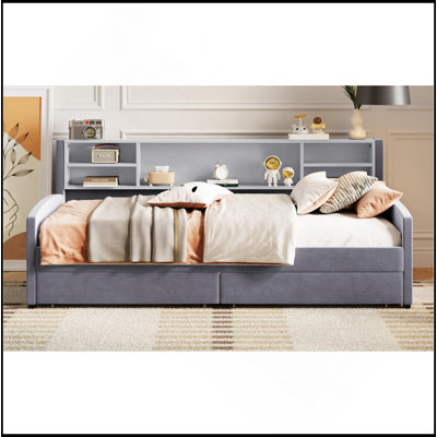 Lit plateforme simple tapissier avec rangement et tiroirs